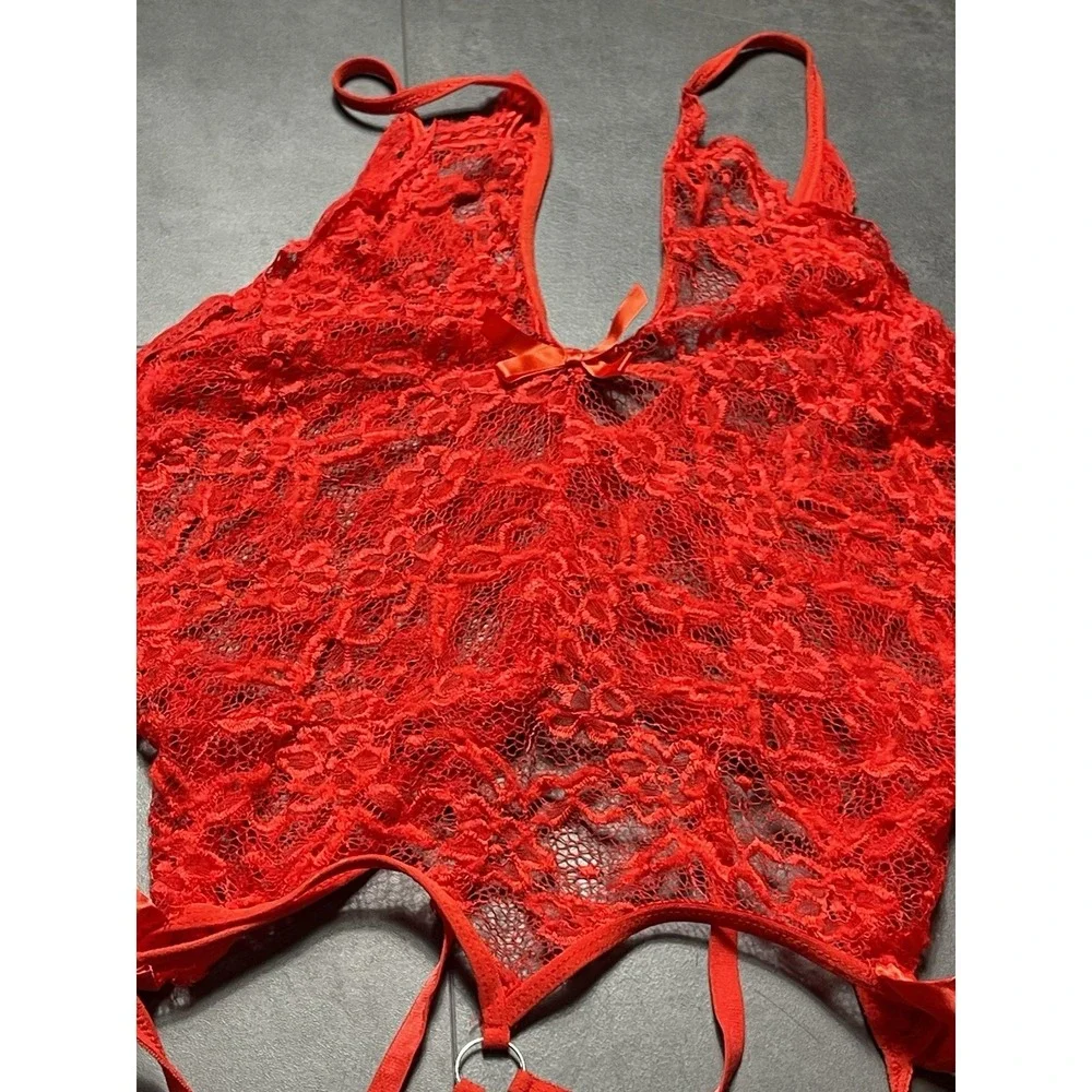 Sexy Red Lingerie Lace Dress Stocking Hooks Stripper Size‎ XL F-170